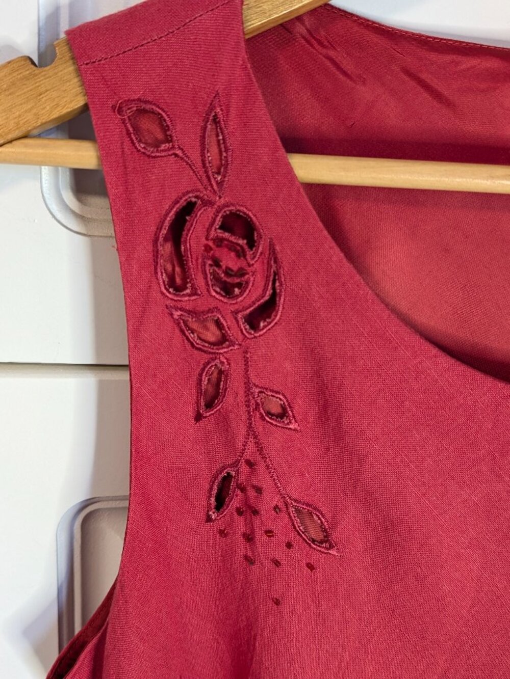 Adrianna Papell Y2K Linen Blend Maxi Dress Red 14 Cutwork Floral Romantic EUC ❤️ - Picture 4 of 13